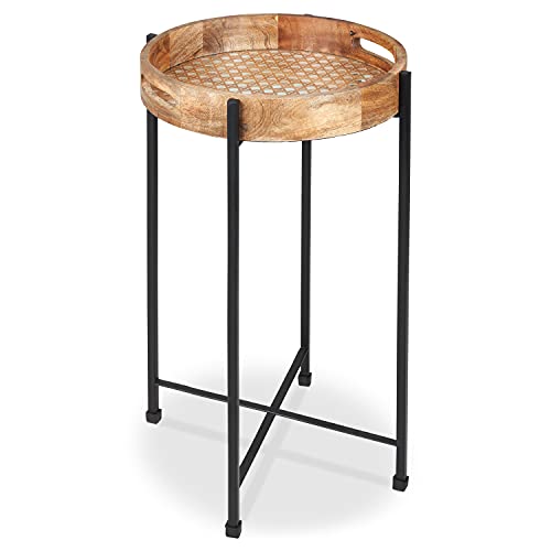 Round Wood & Metal Side Table, Removable Tray, Hand-Made In India. Foldable Stand, Beautiful Accent End Table For Small Spaces - Living Or Dining Room, Bathroom, Patio - Or As Bedroom Nightstand #TOP15