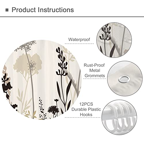 Omifly Beige Shower Curtain Cream Floral Taupe Brown Silhouette Flower Rustic Boho Wildfloral Leaves Plants Botanical Vintage Dandelion Bathroom Set 12 Plastic Hook Waterproof Toilet Accessories Decor #TOP2