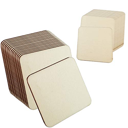 Sweieoni Discos Cuadrados Rebanadas 150 Piezas Madera en Blanco sin Terminar Cuadrados Rebanadas Cuadrados 2 Tamaños Piezas de Madera para Manualidades Posavasos Pintura (3 cm, 5 cm) Cover