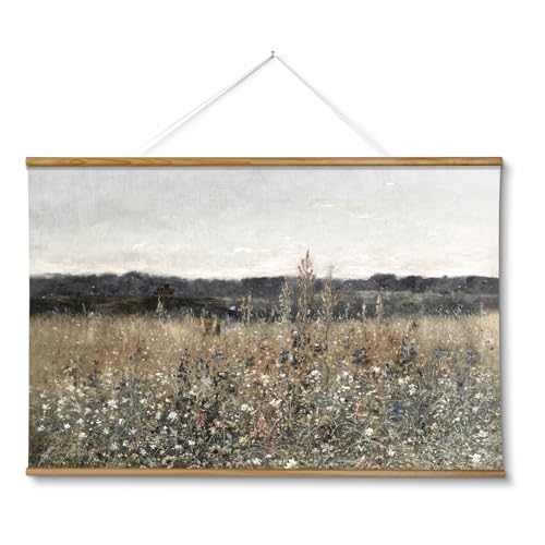 ARPEOTCY Extra Large Vintage Framed Wall Art, 36x54 Inch Flower Meadow Landscape Hanging Framed Wall Art Decor for Living Room Bedroom, Canvas Prints, Retro Scenery Pictures Above of Bed