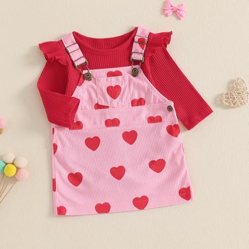 Karuedoo Newborn Baby Girl Valentines Outfit Ruffle Long Sleeve Romper Corduroy Suspender Skirt Overall Dress Set3