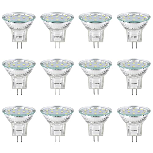 SANSUN 3W MR11 LED Landscape Light Bulbs, Low Voltage 12V 20W Halogen Replacement for Outdoor Landscape Spotlight and Track Light, GU4 Bi-Pin Base, Daylight White 4000K, Non-Dimmable, (Pack of 12)