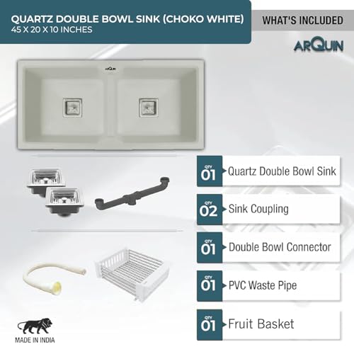Image of ARQUIN Double Bowl Quartz Kitchen Sink 45x20x9 Inch Sand Choco | Undermount,Topmount | Including Coupling,Sink Connector,Waste Pipe & Fruit Washing Basket