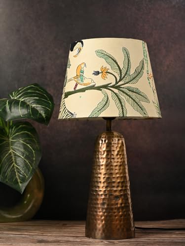 Image of Green Girgit Golden Hammered V-Shaped Printed Table Lamp, Taper Muticolor Green Shade, Modern Living Room Light, Bedside Night Lamp, LED Ambient Lighting, E27 Bulb Compatible, Corded Electric