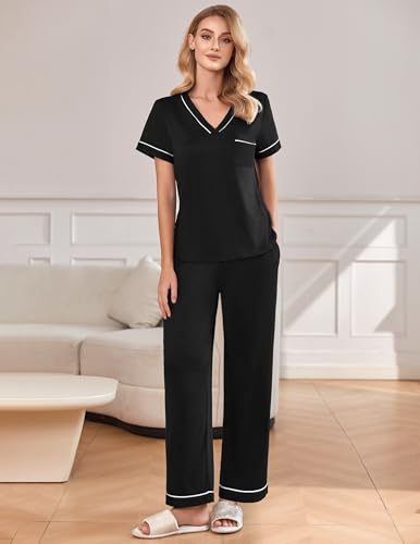 Ekouaer Women's Pajama Sets Short Sleeve V Neck Sleepwear Nightwear Soft Pjs Lounge Sets with Pocket2