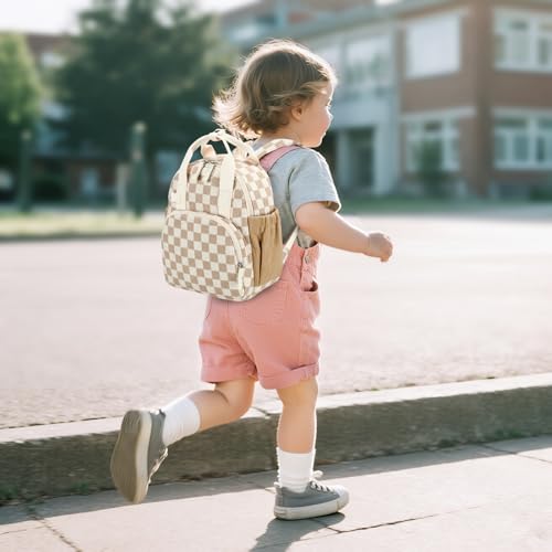 Image of Bluboon Toddler Backpack for Girls Boys 2-4 Cute 12 inch Preschool Kindergarten Backpacks Kids Daycare Bags School Travel (Brown-White checkered, Age 2-4 (12 inch H not Fit A4 Folder))
