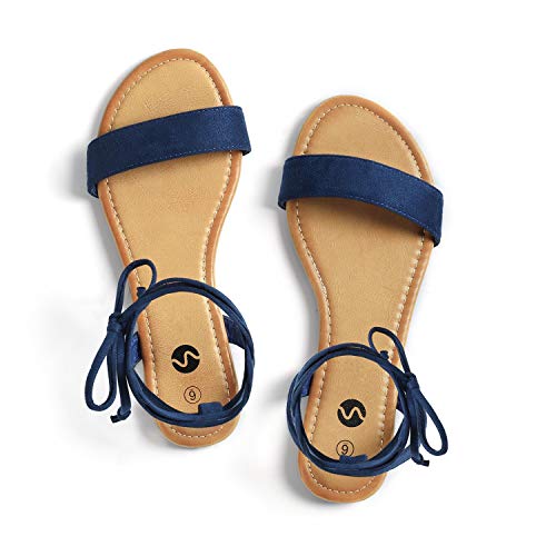 Rekayla Open Toe Tie Up Ankle Wrap Flat Sandals for Women Navy Blue 06