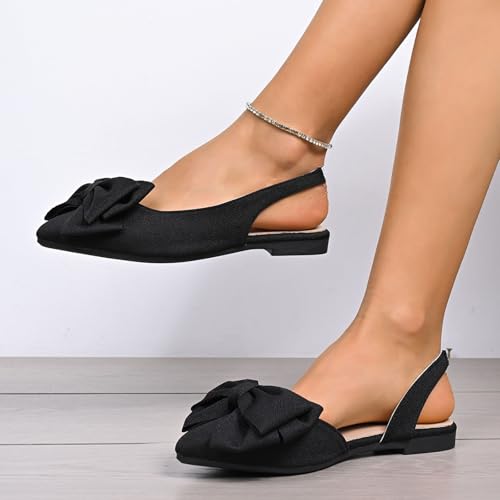 Bow Pointed Toe Dress Flat Shoes for Women Elastic Back Slingback Flats Fashion Casual Adjustable Ankle Strap Shoes3