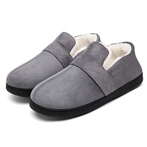 Mishansha Men's Comfy Memory Foam Slippers with Warm Faux Fleece Lining, Wool-Like Blend Micro Suede House Shoes with Anti-Slip Indoor Outdoor Rubber Sole Gray