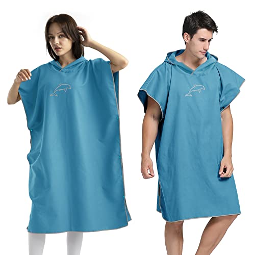 Foto von flintronic Handtuch Poncho, 110 * 80cm Mikrofaser Surf, Quick Dry Badeponcho, Lang Umkleidehilfe mit Kapuze für Herren Damen, Ideal zum Strand, Brandung, Sauna -Blau