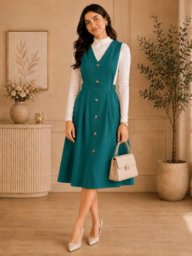 Image of WineRed Women Soild Pinafore Dress with Button