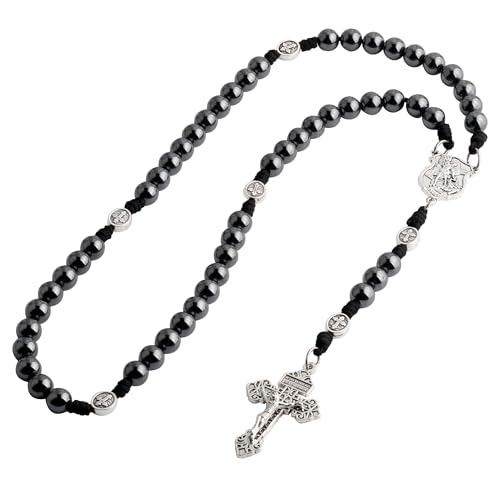 HanlinCC 10mm Hematite Stone Beads Handmade Saint Michael Paracord Rosary Necklace for Men and Women