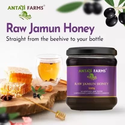 Image of ANTAJI FARMS Raw Jamun Honey Pure and Natural, Unprocessed & Unpasteurized Healthy Honey | Harvested from Wild Honey Bee Hive Honey Reusable Airtight Jar (500gm)
