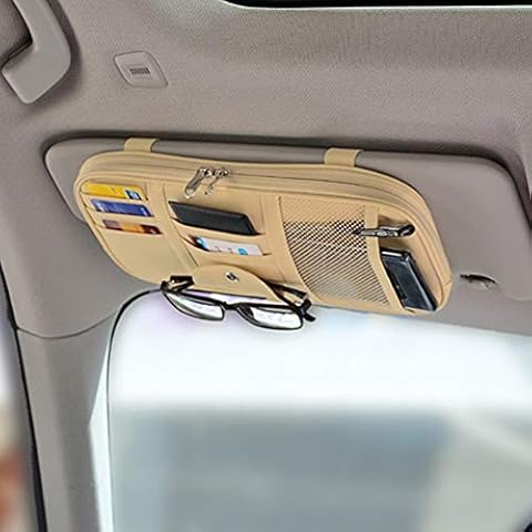 Kartisen Car Sun Visor Organizer, Auto Interior Accessories Pocket Organizer - Car Truck SUV Storage Pouch Holder, with Multi-Pocket Net Zipper (Beige) Cover