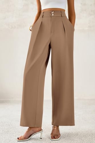 Image of CFLONGE Women Wide Leg Dress Pants High Waist Work Trousers Button Pleated Slacks Palazzo Pants Business Casual Outfits