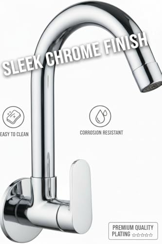 Image of Premium Wall Mounted Kitchen Sink Tap with Water Saving Aerator, Brass Body, Chrome Finish Swan Neck Faucet, Single Lever Water Tap, Rust & Corrosion Resistant for Kitchen Sink, Wash Basin