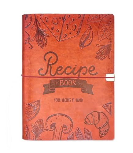 Recipe Book To Write In Your Own Recipes - A5 Blank Recipe Journal with Leather Cover - Holds 130 Recipes - Includes Stickers - Family Cookbook Gift for Women & Home Cooks