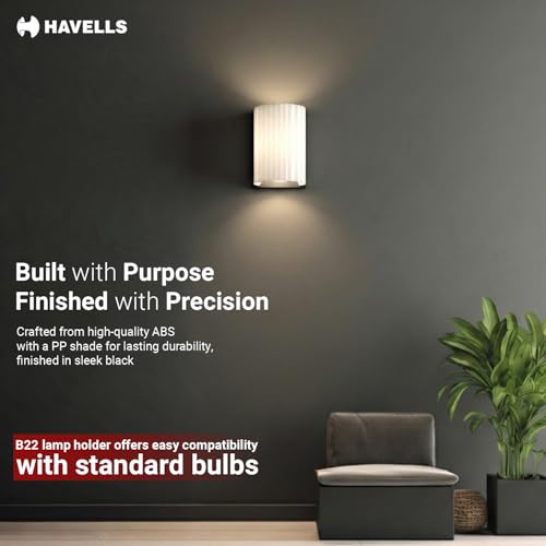Image of Havells Aura Indoor Wall Light | Durable Cylindrical Frame & Ambient Glow Diffuser | B22 Holder Compatible | Elegant Lighting for Bedrooms, Living Rooms & Hallways