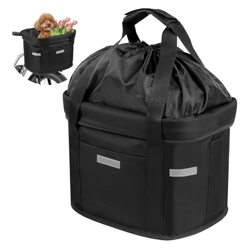 Front Bike Basket, Foldable Waterproof Bicycle Basket for Front Handlebar, Detachable Pet Carrier for Small Dog Cat, Removable Bike Bag with