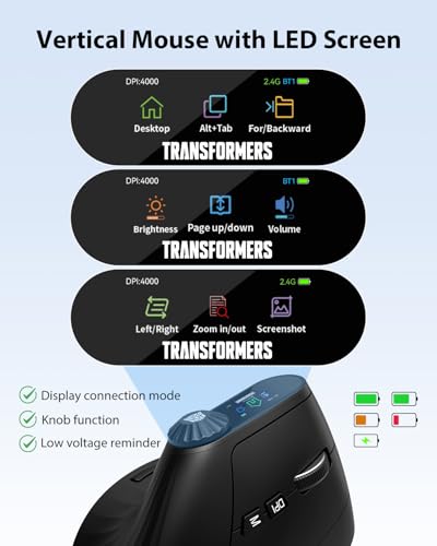 Transformers Vertical Ergonomic Mouse with LED Screen & Knob Control Black | Rechargeable Vertical Mouse Wireless, 3-Device Connectivity (2.4G + Dual Bluetooth), Quiet Clicks, Computer/Mac/Laptop - image 3