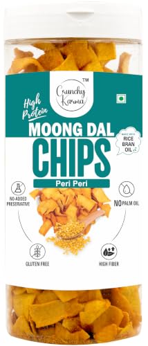 Image of CRUNCHY KARMA Moong Dal Chips Peri Peri Flavor | High Protein Healthy Snacks | Baked Gluten Free Chips | High Fiber & Low Cholesterol Snack | Crispy Indian Spicy Chips for Kids & Adults | 150g