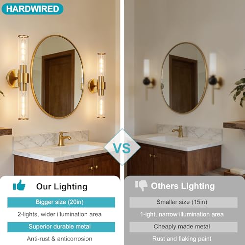 Image of Gold Wall Sconce 2 Pack Hardwired, Bathroom Light Fixtures Clear Glass Featuring Two E26 sockets, Vanity Lights Fixtures for Bathroom, Dimmable - Bulb Not Included, UL Certification