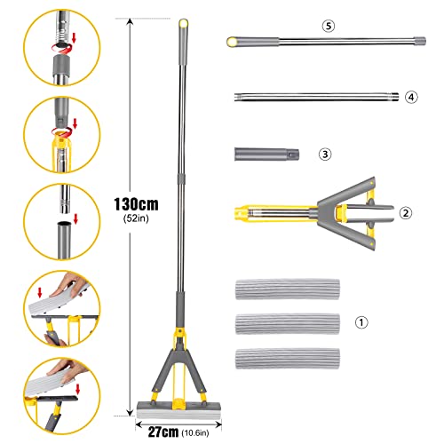 Nolopau Sponge Mop, Roller Sponge Mop, Self Squeeze Sponge Mop, Stainless Steel Handle With 3 Pva Absorbent Mop Head Refills, For Home Commercial Use Tile Floor Bathroom Garage Cleaning… #TOP3