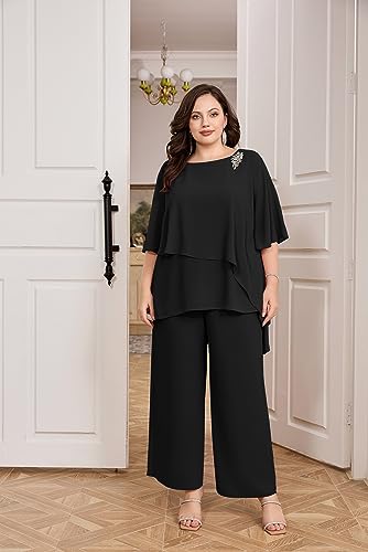 Hanna Nikole Plus Size Mother of Bride Pant Suits 2 Piece Chiffon Sets Ruffle Layers Wedding Guest Outfit3