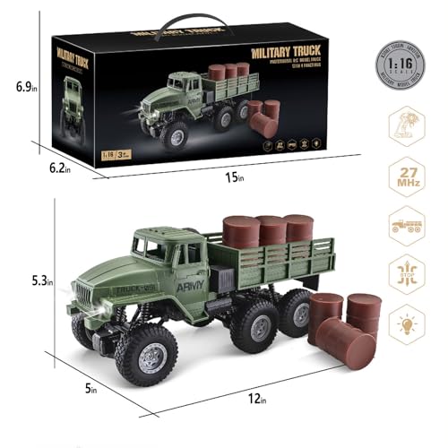 JPJCOOY RC Military Truck 6x6 Road Remote Control Car 1/16 Scale Remote Control Truck 6WD All Terrain Rock Army Transport Vehicle Toy Vehicle for Kids Children Boy Gift