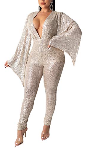 Aro Lora Women's Sexy V Neck Sequin Mesh Bodycon Long Pants Party Jumpsuits Rompers Medium Champagne