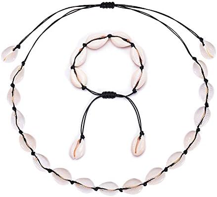 YANCHUN Cowrie Shell Necklace for Women,Puka Shell Necklace Conch Shell Anklet Hawaiian Seashell Pearls Choker Set