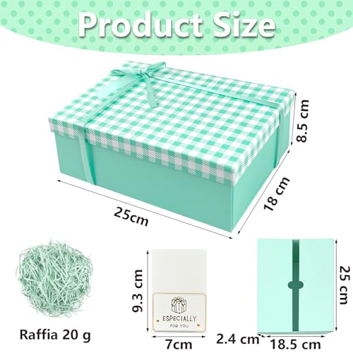Geschenkbox Mit Deckel, 25x18x8.5cm Geschenkkarton, Luxus Geschenkbox Mädchen, Geschenkbox Mit Schleife Grußkarte Füllmaterial, Schachtel Groß für Geburtstage Hochzeiten Valentinstag (Grün Weiß)