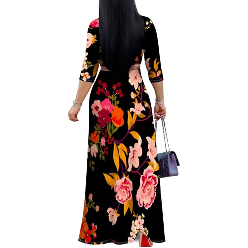 Women's Print Maxi Dresses 3/4 Sleeve Flowy Long Dress V Neck Wrap Tie Waist Sundress3