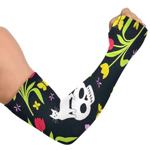 Cooling Arm Sleeves for Men Women UV Sun Protection Arm Covers Skull Cat Tulip Flower Compression Sleeves Sports Football Golf Cycling