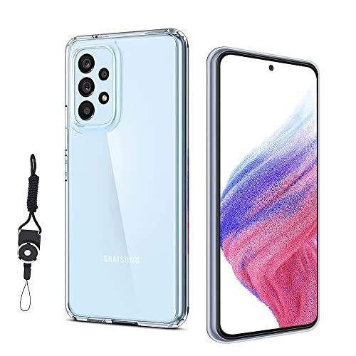 Galaxy A53 5G SCG15 用のケース カバー クリア 全透明 対応 TPU 耐衝撃 指紋防止 薄型 軽量 黄変防止 ストラップホール付属 ネックストラップ付 Qi充電対応 Galaxy A53 5G