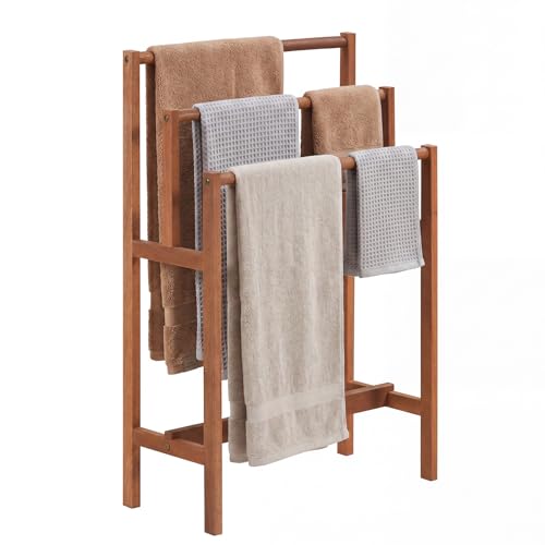 GOFLAME Free Standing Towel Rack 3-Tier Solid Wood Bath Towel Drying Rack for Bathroom Blanket Holder Stand for Living Room Laundry Outdoor Pool Side Walnut 24L x 11W x 33.5H