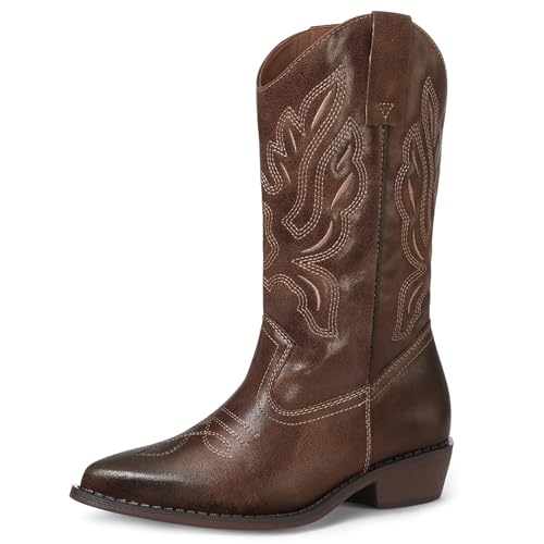 Image of mysoft Cowboy Boots For Women - Western Cowgirl Boots Mid Calf Chunky Heel Booties Pointed Toe Country Shoes