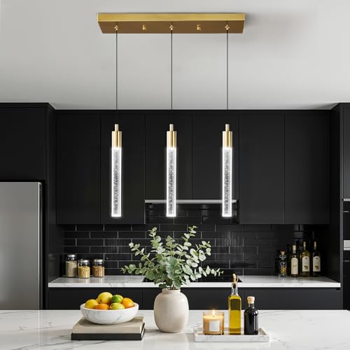 Image of Kitchen Island Lighting Modern Light Fixture Gold Pendant Light Dimmable LED Gold Brass Finish Mini Crystal Pendant Lights for Dining Room Living Room(3-Light)