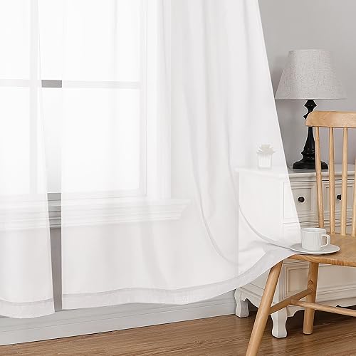 Image of Simplebrand White Short Sheer Curtains 45 Inch Length for Small Windows, Rod Pocket 2 Panels Set Solid Voile Drapes Window Sheer Curtains for Bedroom Bathroom Kids Room Kitchen, 42x45 Inch, White