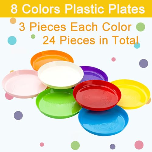 Image of Frcctre 24 Pack Kids Plastic Plates, 7 Inch Small Unbreakable Children Dinner Plates Set BPA Free Reusable Snack Salad Plate for BBQ, Travel, Events, Dishwasher Safe, 8 Colors