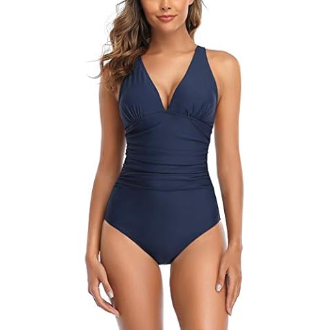 Derssity One Piece Swimsuit Ruched Tummy Control Swimming Costume for Women Plus Size V Neck Swimwear Bikini Bathing Suit(Navy,L) Cover