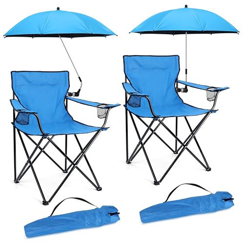Image of HaSteeL 2PCS Camping Chairs with Detachable Umbrella, Folding Beach Chair for Adults, Large Portable Foldable Chair for Outdoors Fishing Hiking Travel Picnic Lawn, Supports 275lbs, Storage Bags, Blue