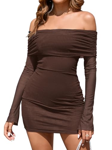 Image of KUTUMAI Sexy Long Sleeve Mini Dress for Women Off Shoulder Bodyocn Party Going Out Dresses for Formal Wedding Guests