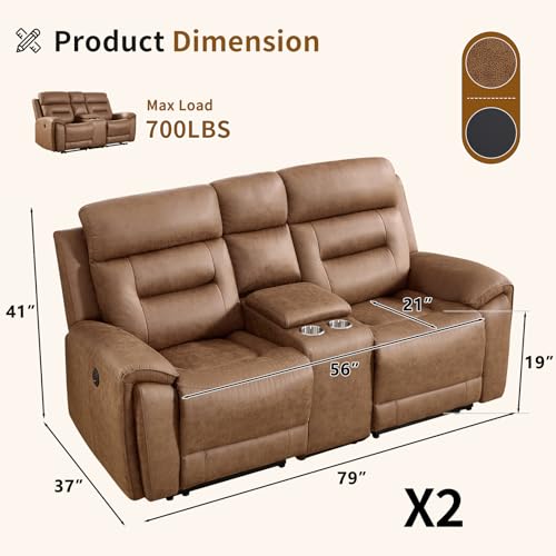 Image of ANJ Oversized Power Reclining Loveseat Sofa Set of 2 with USB&Type-C Charging Port, Breathable Faux Leather 2-Seater Electric Recliner Couch with Cup Holders & Storage Console for Living Room, Brown