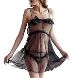 ROSVAJFY Nachthemd Damen Sexy Transparent, Women's Baby Dolls, Chemises, Negligees, Dessous Kleider Damen, Verstellbarer Schultergurt, Sexy Lingerie Ladies mit Einem Tanga (Schwarz, Einheitsgröße)