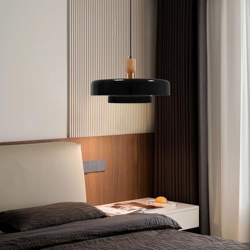 Image of Modern Farmhouse Metal Pendant Lights, Black Chandelier Wood and Brass Accent Adjustable Hanging Light Fixture 13.8 inch Pendant Lamp for Kitchen Dining Room Bedroom