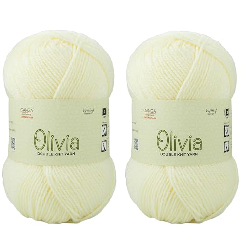 Image of Ganga Acrowools Olivia, Double Knit Acrylic Yarn. Hand Knitting and Crochet Yarn. Oekotex Class 1 Certified. Pack of 2 Balls - 100Gm Each. Shade No - Olv011, Off White