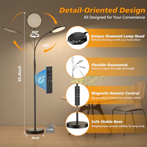 Image of Floor Lamp, 18W Bright LED Floor Lamps for Living Room with Diamond-Surface, Stepless Adjustable Colors & Dimmer Standing Lamp with Timer, Remote & Touch Control, Reading Lights for Bedroom, Office