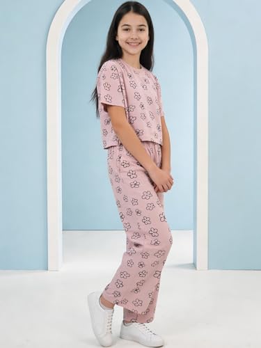Image of Li'l Tomatoes Girls Cotton Night Suit Set | 100% Cotton Summer Co-Ord Set | Half Sleeve T-Shirt & Full Length Pajama | Soft & Breathable Printed Clothing Set | 9-16 Years
