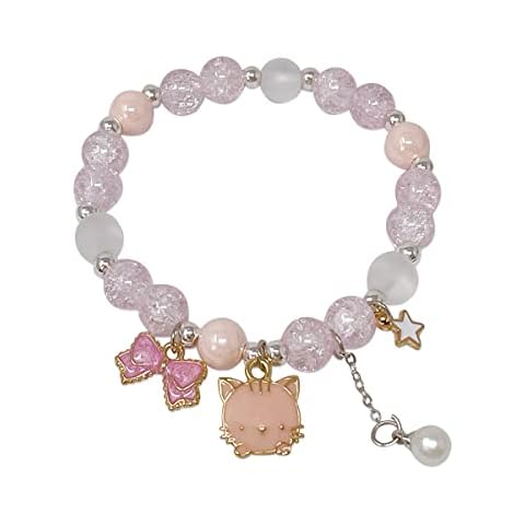 Wrapables Friendship Beaded Enamel Charm Bracelet, Pink Bow Kitty Crystal Beads Cover